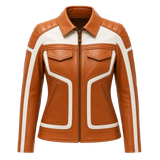 Women's Tan White Leather Moto Biker Jacket | Zip-Up Racing Style Jacket