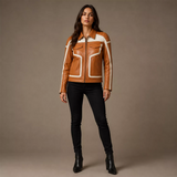 Women's Tan White Leather Moto Biker Jacket | Zip-Up Racing Style Jacket