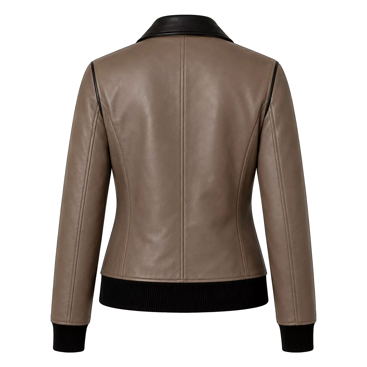 Women's Taupe Black Leather Bomber Jacket | Zip-Up Casual Jacket