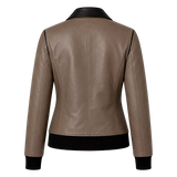 Women's Taupe Black Leather Bomber Jacket | Zip-Up Casual Jacket