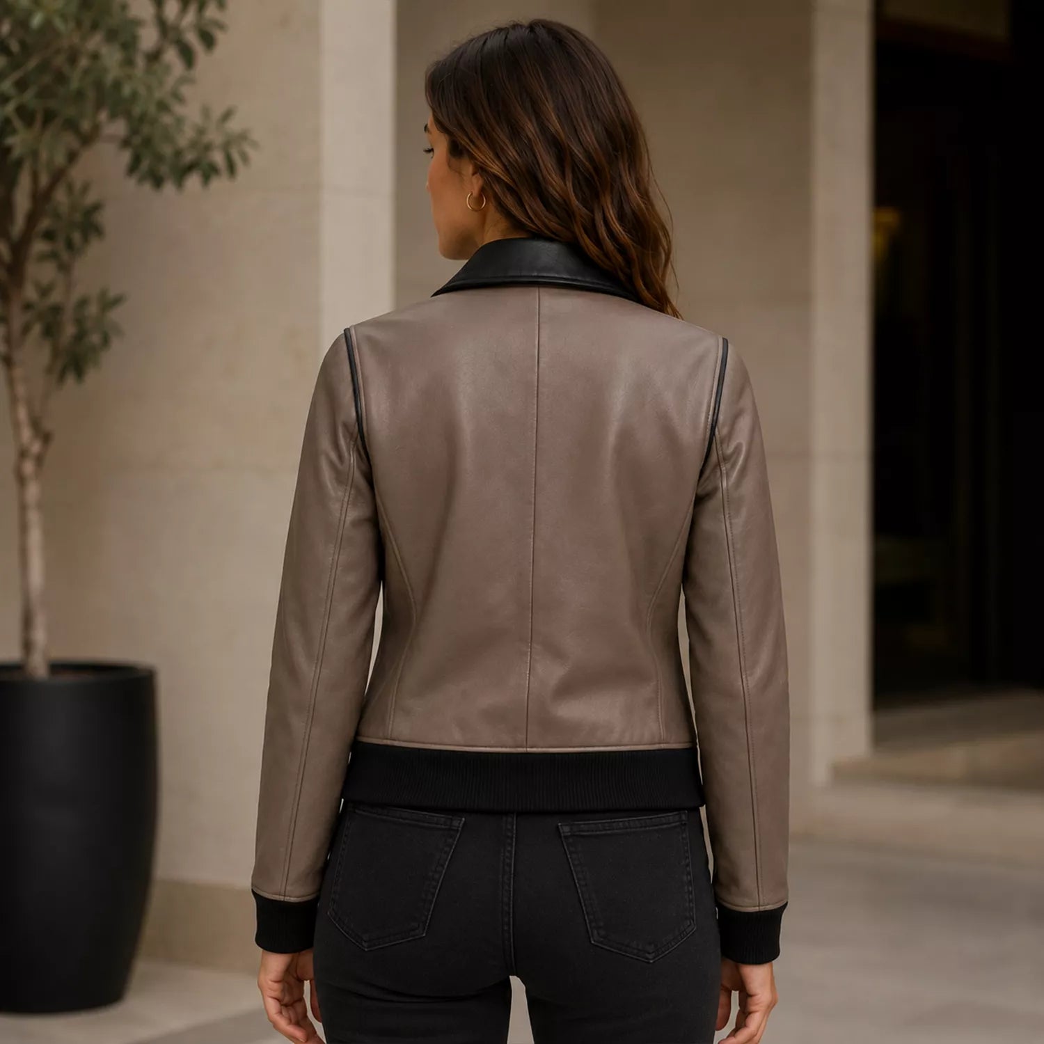 Women's Taupe Black Leather Bomber Jacket | Zip-Up Casual Jacket