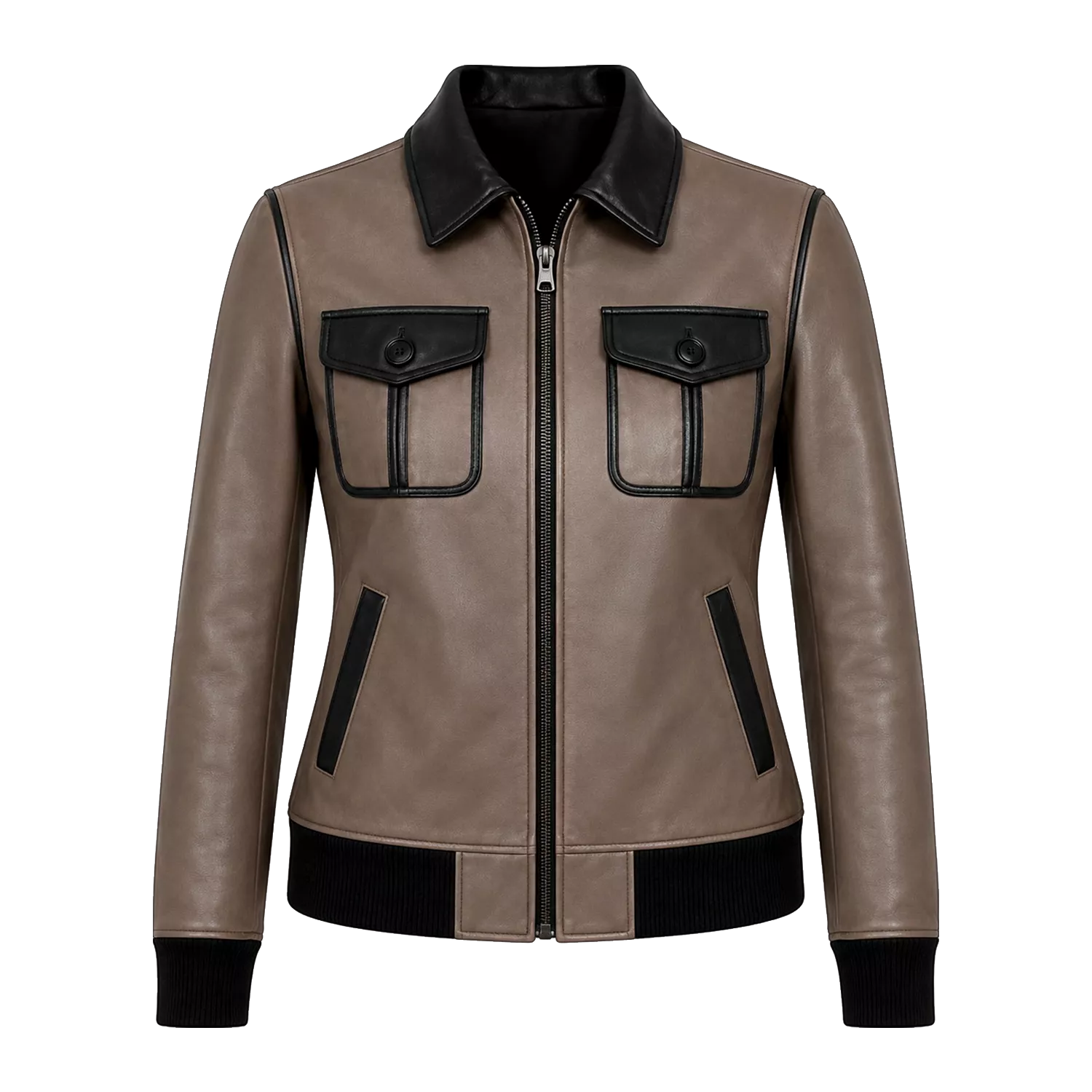 Women's Taupe Black Leather Bomber Jacket | Zip-Up Casual Jacket