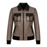 Women's Taupe Black Leather Bomber Jacket | Zip-Up Casual Jacket