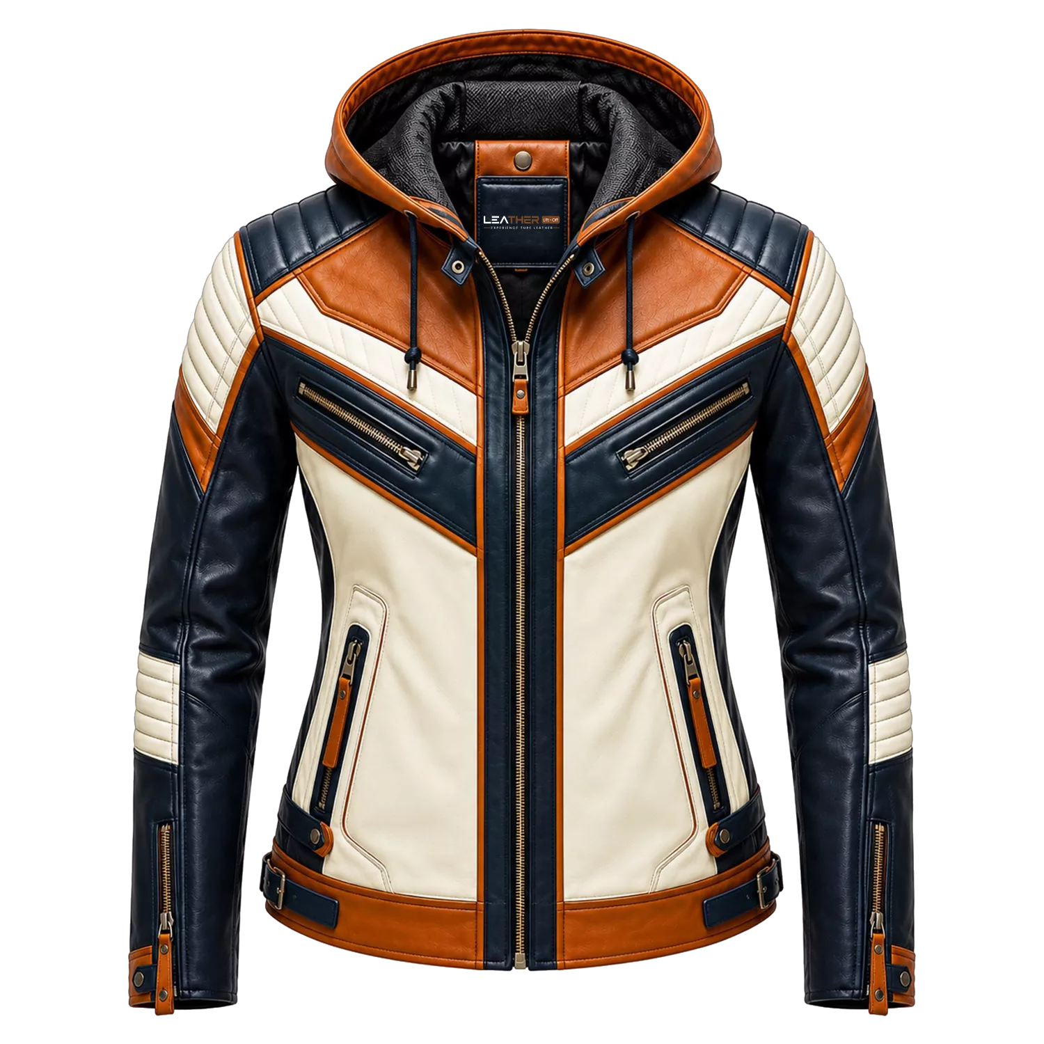 Women’s Tri-Color Hooded Leather Biker Jacket | Navy Cream Tan Jacket