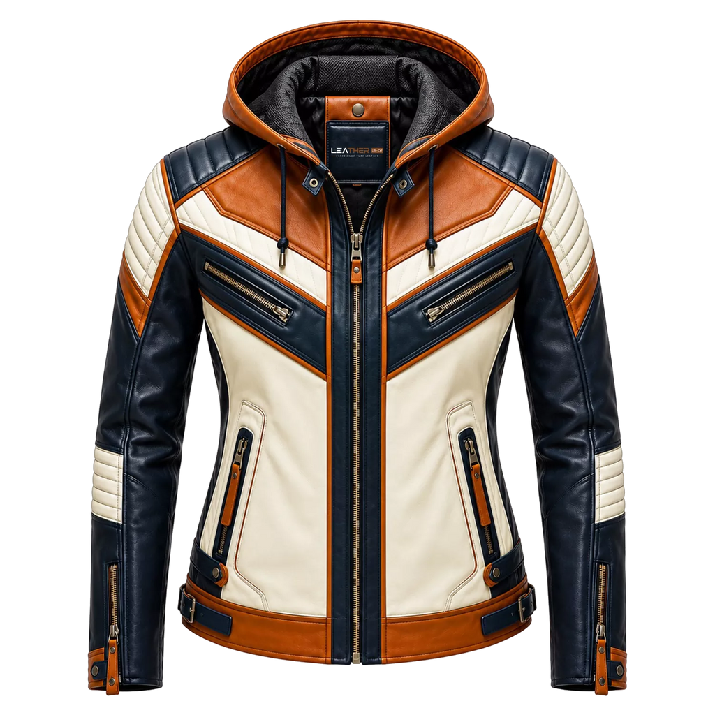 Women’s Tri-Color Hooded Leather Biker Jacket | Navy Cream Tan Jacket