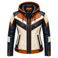 Women’s Tri-Color Hooded Leather Biker Jacket | Navy Cream Tan Jacket