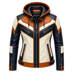 Women’s Tri-Color Hooded Leather Biker Jacket | Navy Cream Tan Jacket