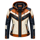 Women’s Tri-Color Hooded Leather Biker Jacket | Navy Cream Tan Jacket