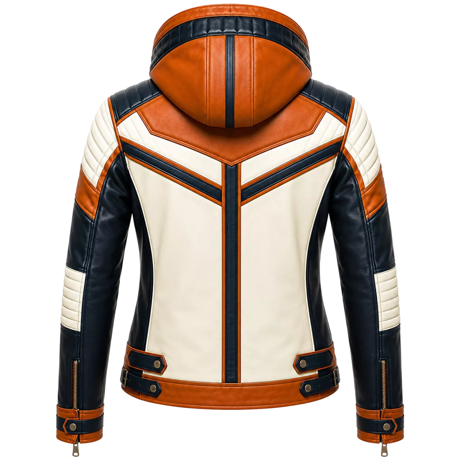 Women’s Tri-Color Hooded Leather Biker Jacket | Navy Cream Tan Jacket