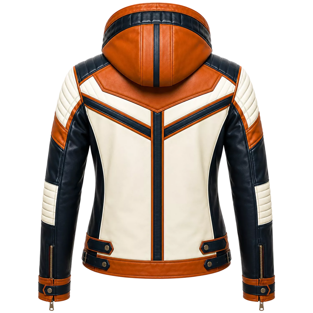 Women’s Tri-Color Hooded Leather Biker Jacket | Navy Cream Tan Jacket
