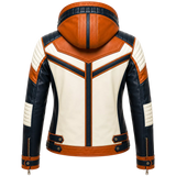 Women’s Tri-Color Hooded Leather Biker Jacket | Navy Cream Tan Jacket
