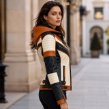 Women’s Tri-Color Hooded Leather Biker Jacket | Navy Cream Tan Jacket