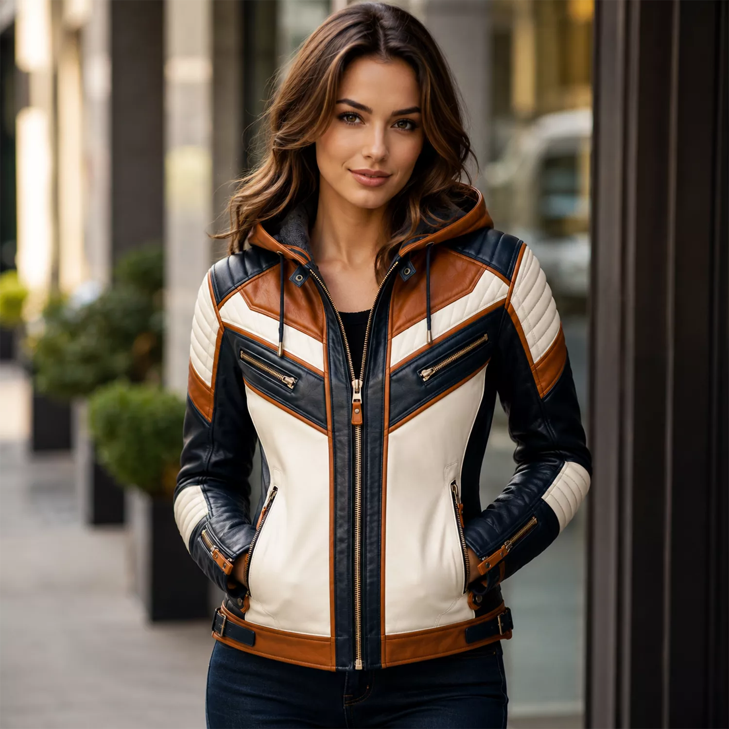 Women’s Tri-Color Hooded Leather Biker Jacket | Navy Cream Tan Jacket