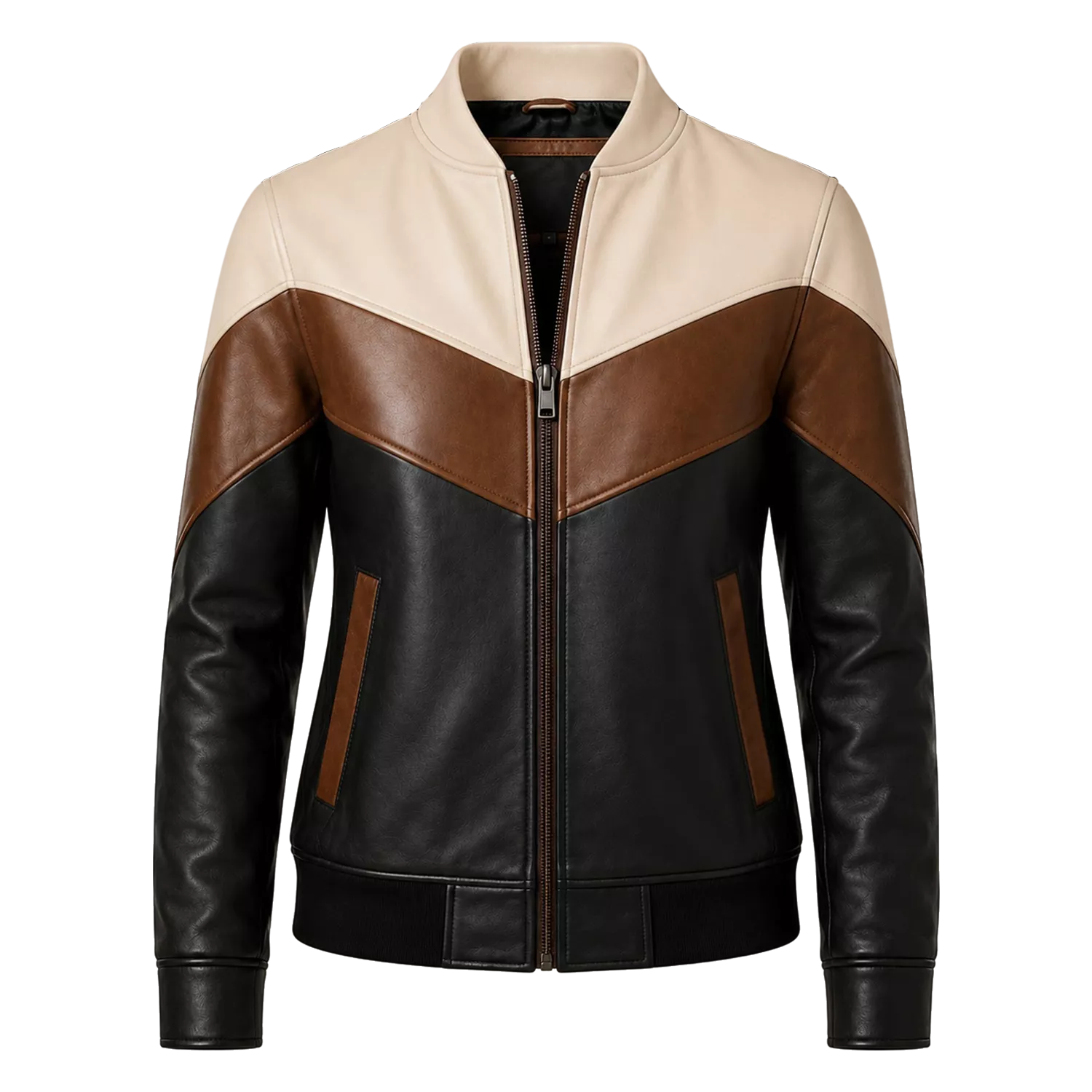 Women’s Tri-Color Leather Bomber Jacket with Zip Front