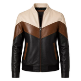 Women’s Tri-Color Leather Bomber Jacket with Zip Front