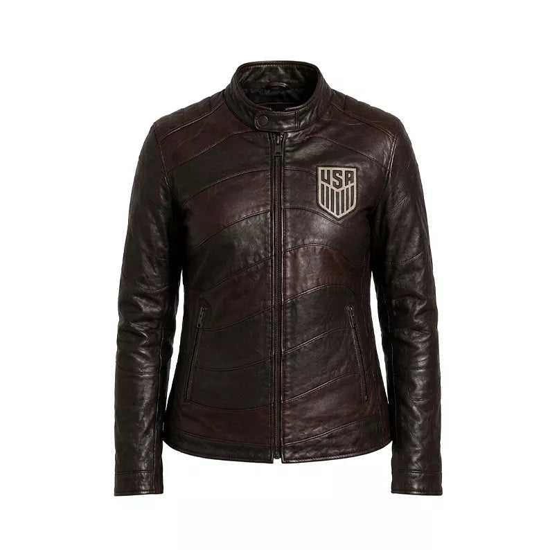 Women’s USA Soccer-Inspired Dark Brown Leather Jacket | Cafe Racer Biker Jacket