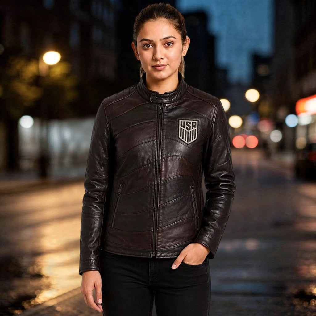 Women’s USA Soccer-Inspired Dark Brown Leather Jacket | Cafe Racer Biker Jacket