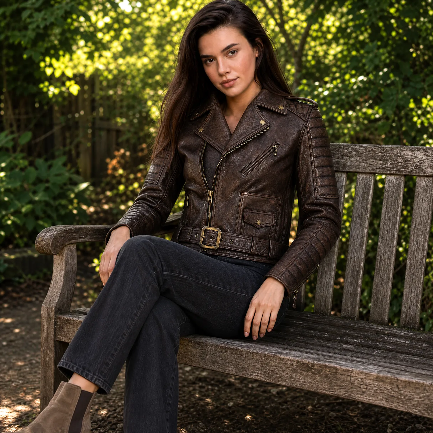 Women's Vintage Brown Belted Leather Biker Jacket | Vintage Rider Style