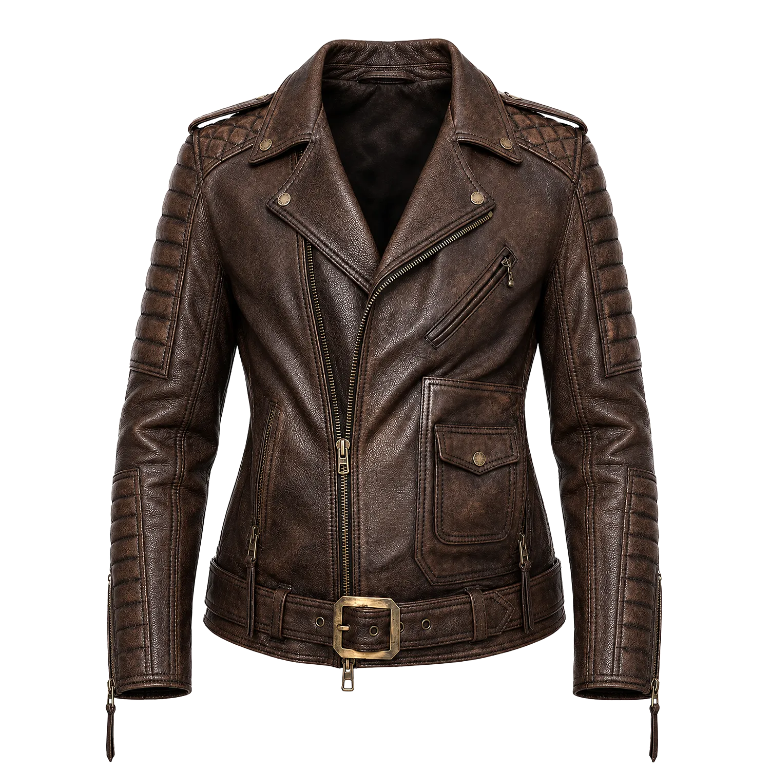 Women's Vintage Brown Belted Leather Biker Jacket | Vintage Rider Style