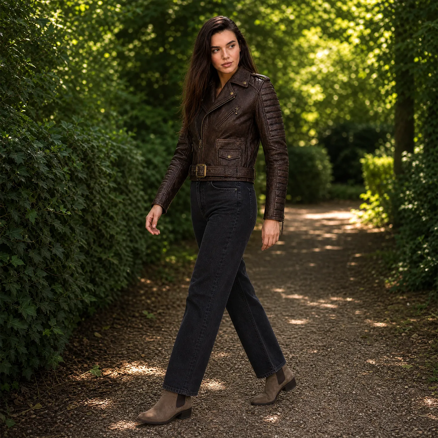 Women's Vintage Brown Belted Leather Biker Jacket | Vintage Rider Style