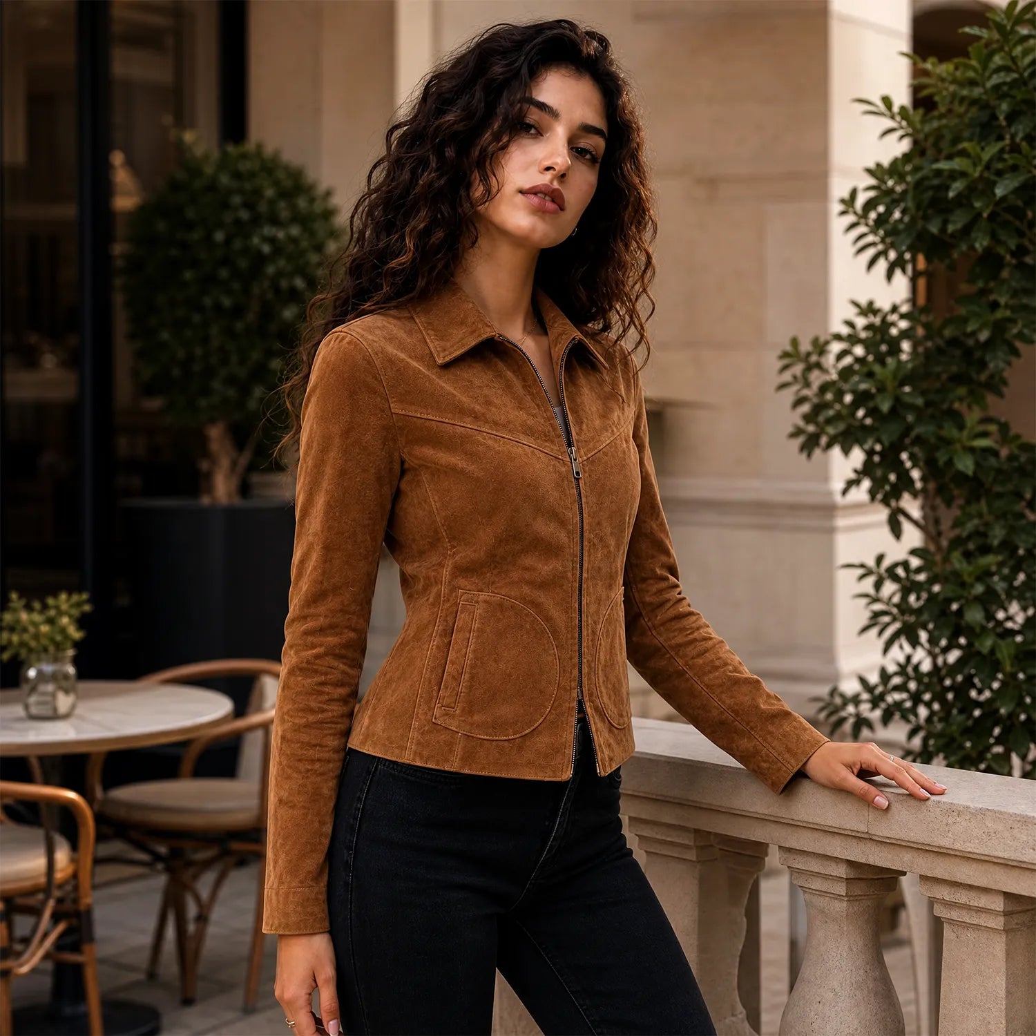 Women’s Western Leather Jacket | Brown Suede Slim Fit Zip Jacket
