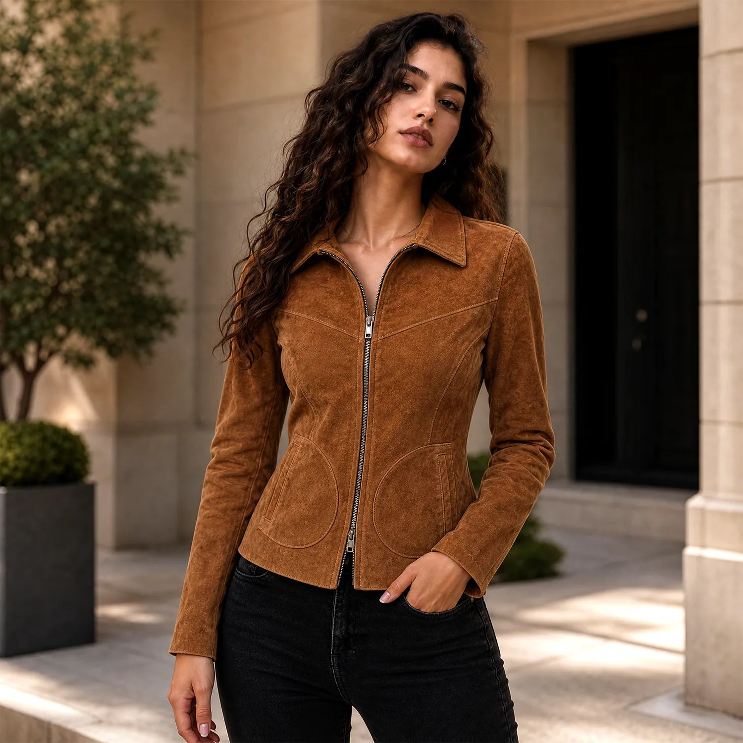 Women’s Western Leather Jacket | Brown Suede Slim Fit Zip Jacket