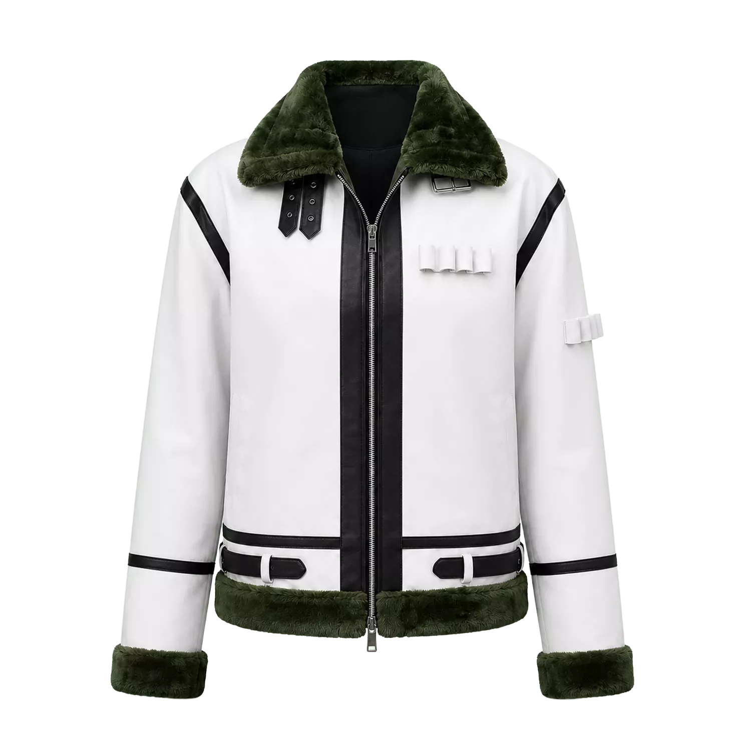 Women's White Green Shearling Leather Jacket | Aviator Style Winter Jacket