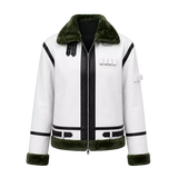 Women's White Green Shearling Leather Jacket | Aviator Style Winter Jacket