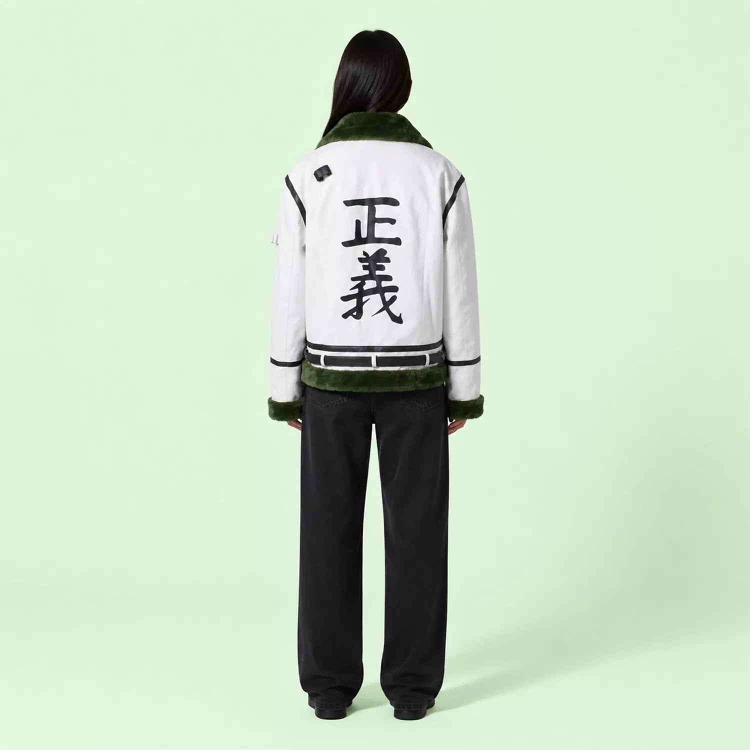 Women's White Green Shearling Leather Jacket | Aviator Style Winter Jacket