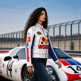 Women’s White Racing Leather Jacket | Retro Motorsport Inspired Biker Coat