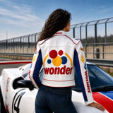 Women’s White Racing Leather Jacket | Retro Motorsport Inspired Biker Coat