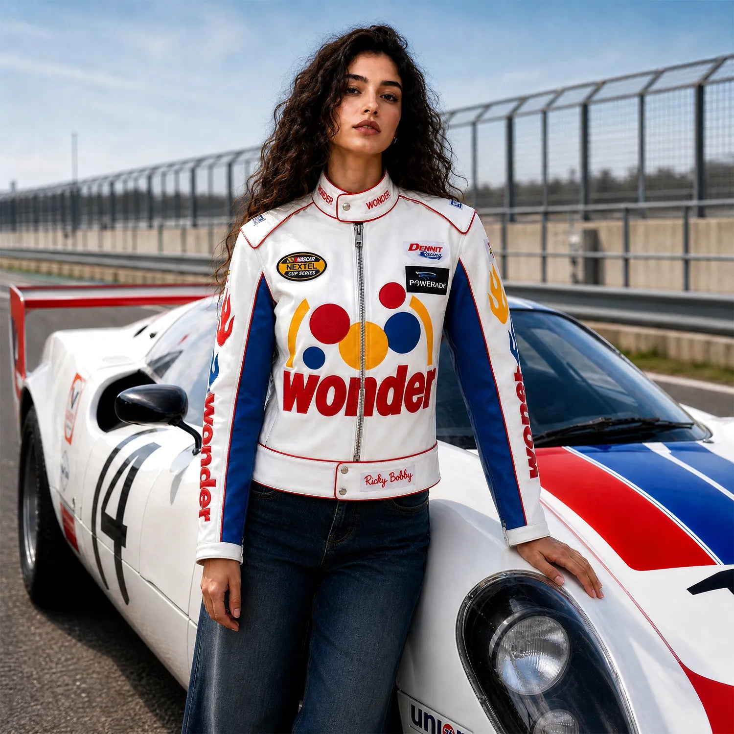 Women’s White Racing Leather Jacket | Retro Motorsport Inspired Biker Coat