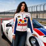 Women’s White Racing Leather Jacket | Retro Motorsport Inspired Biker Coat