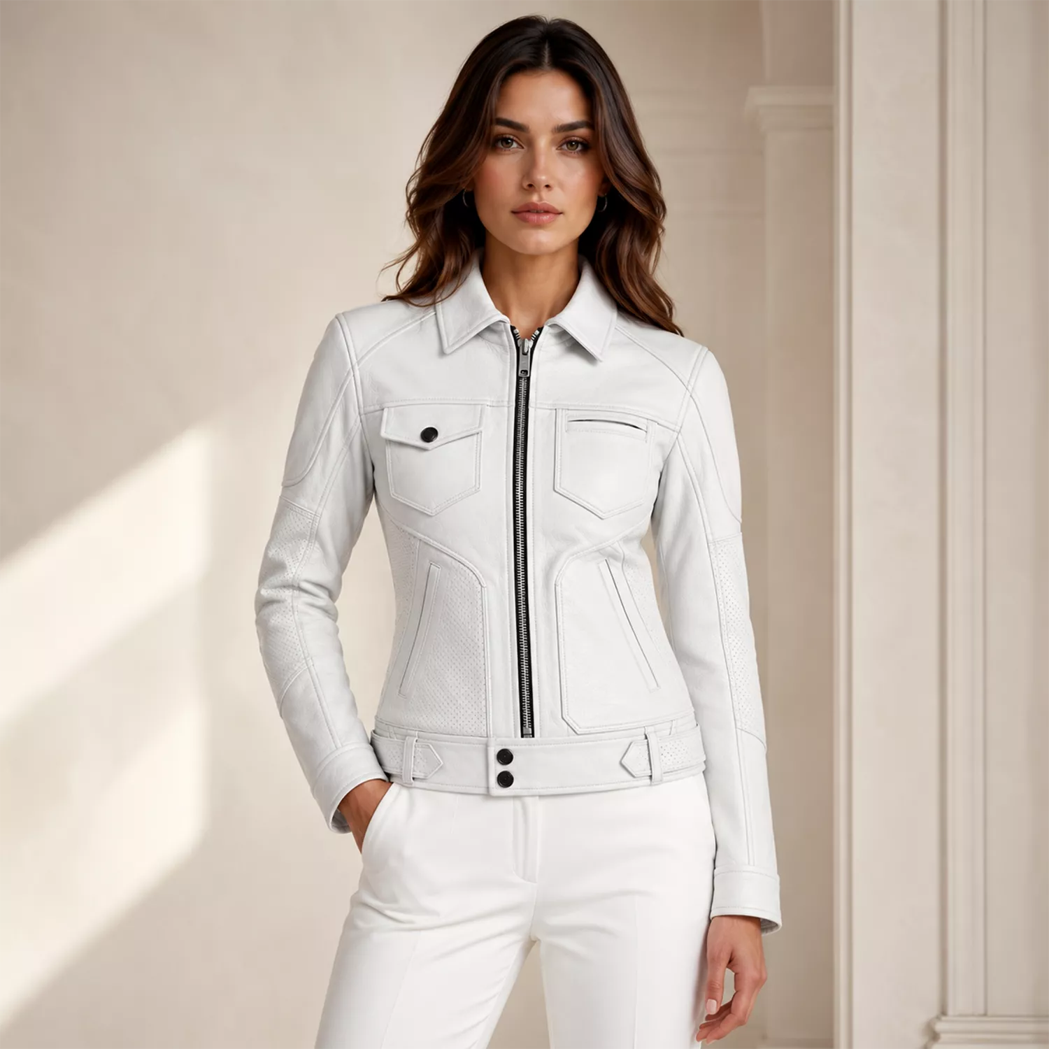 Women’s White Utility Leather Biker Jacket | Zip-Up Moto Jacket