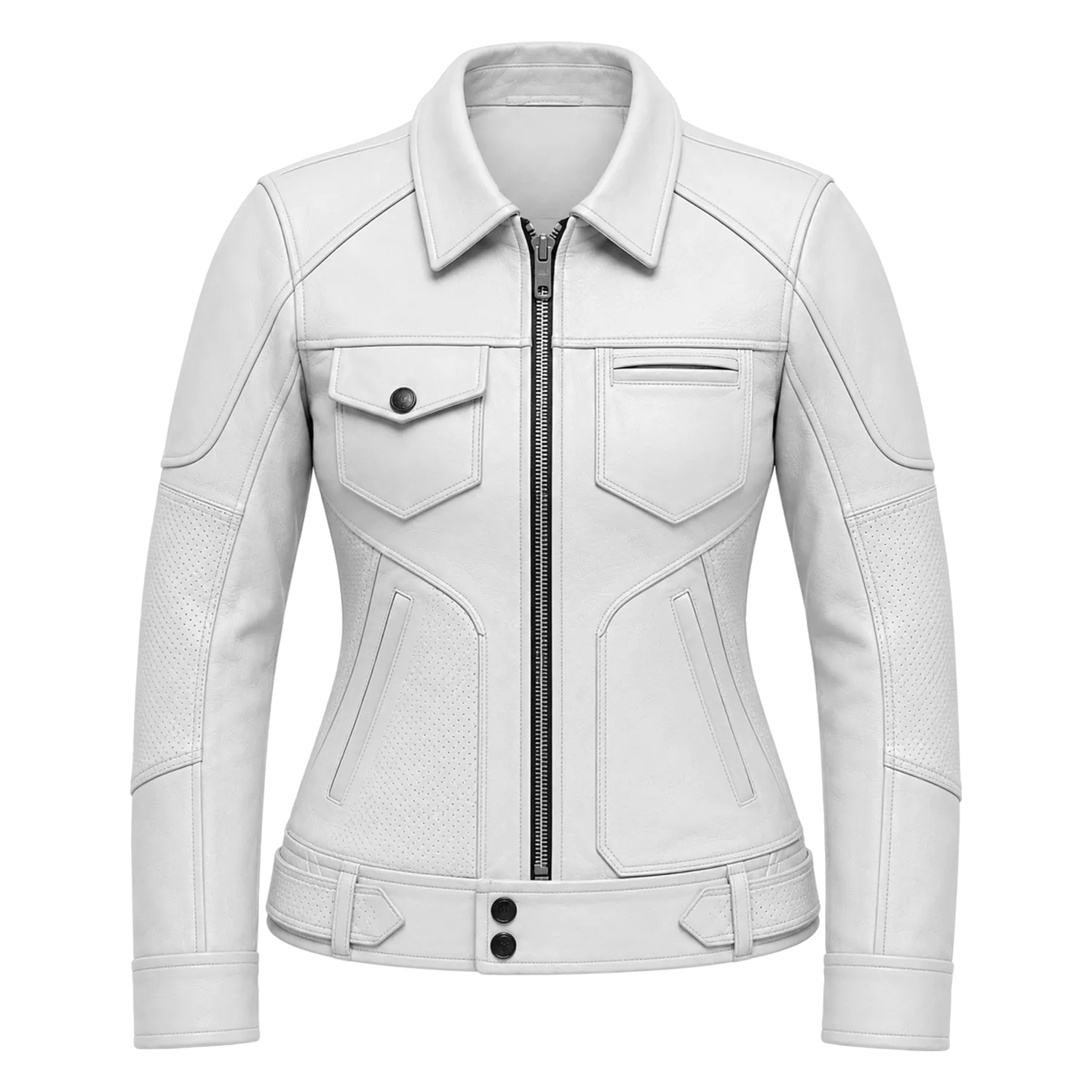 Women’s White Utility Leather Biker Jacket | Zip-Up Moto Jacket