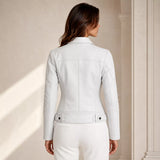 Women’s White Utility Leather Biker Jacket | Zip-Up Moto Jacket