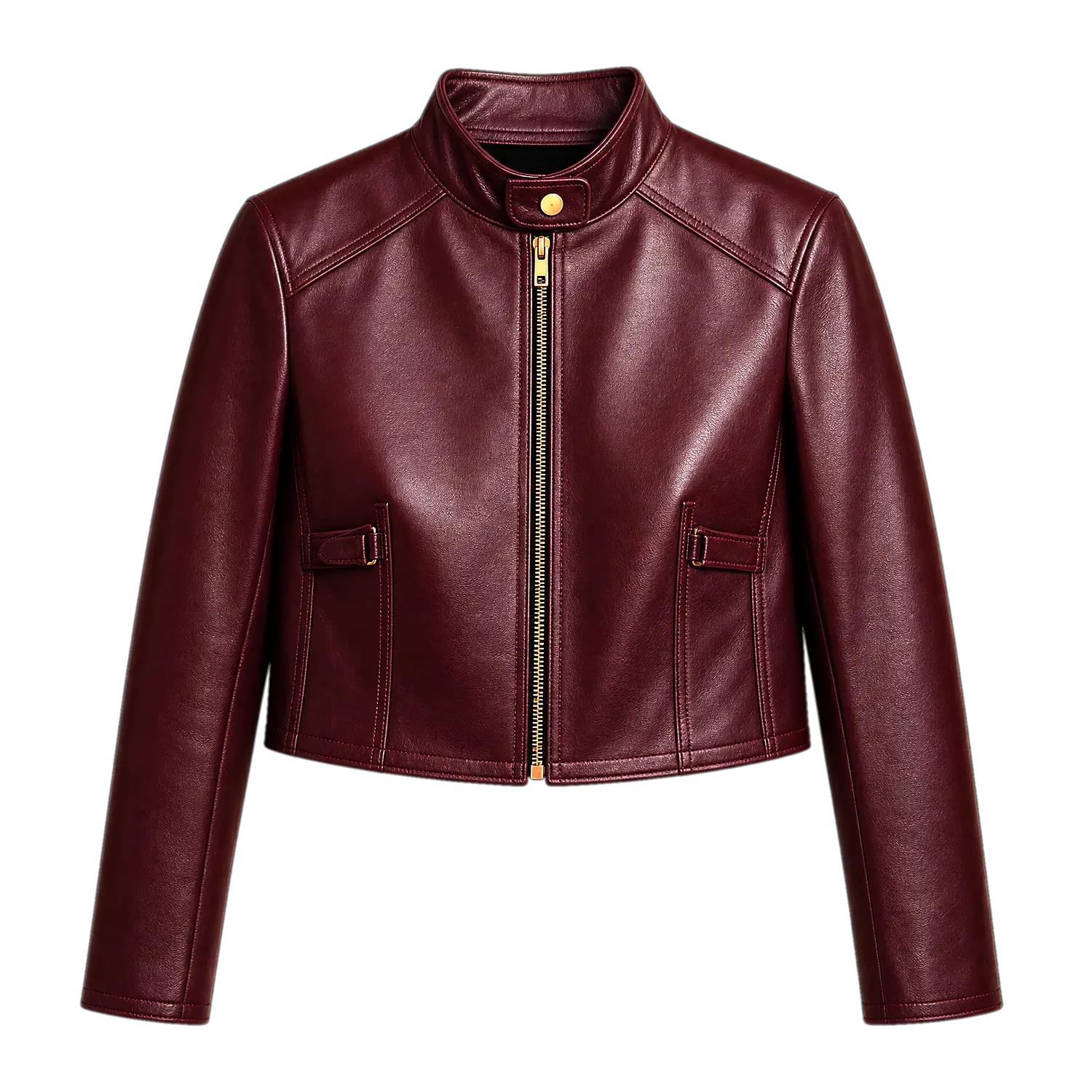 Women’s Wine Red Cropped Genuine Leather Jacket | Snap Collar Moto Style