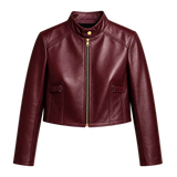 Women’s Wine Red Cropped Genuine Leather Jacket | Snap Collar Moto Style
