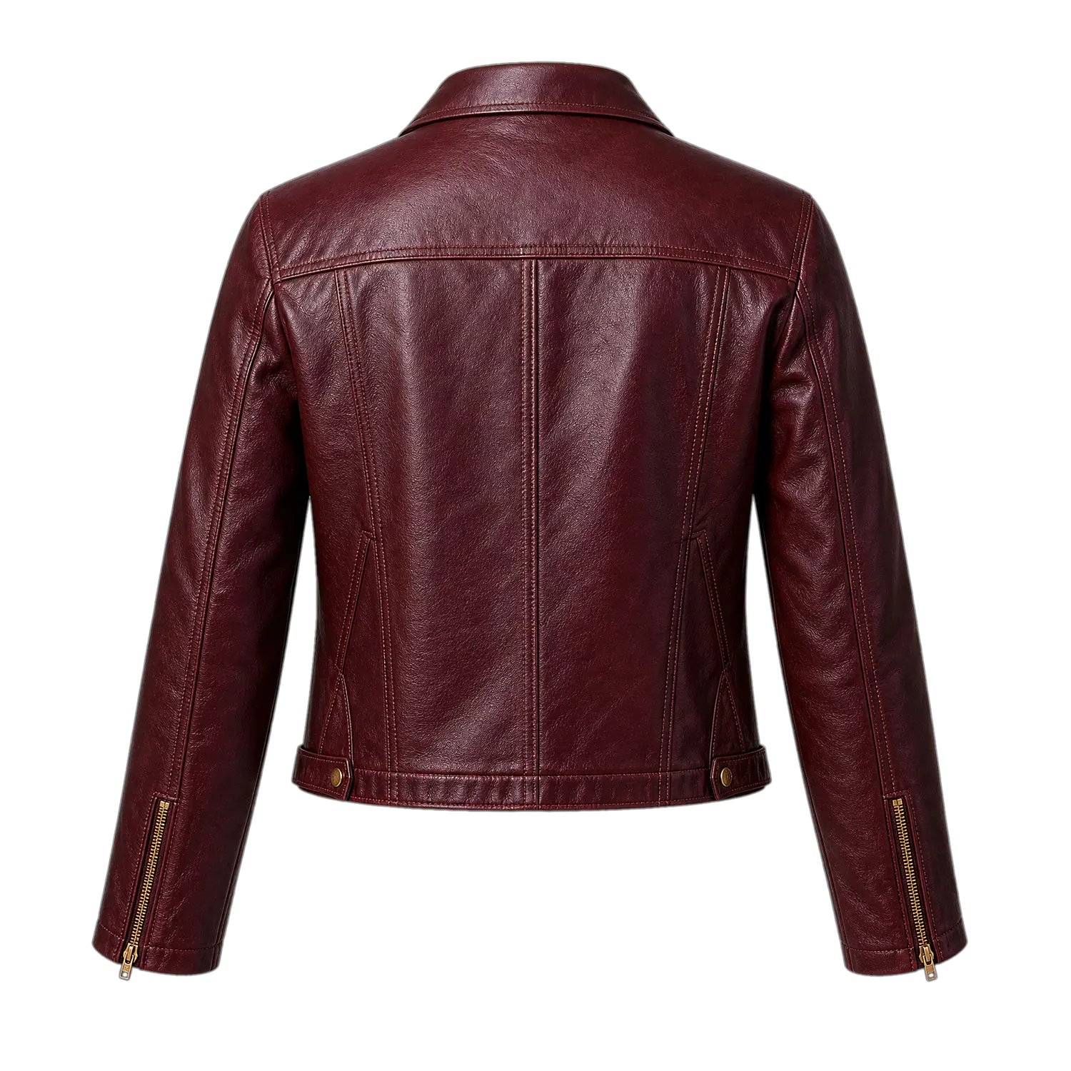 Women’s Wine Red Cropped Genuine Leather Jacket | Snap Collar Moto Style