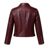 Women’s Wine Red Cropped Genuine Leather Jacket | Snap Collar Moto Style