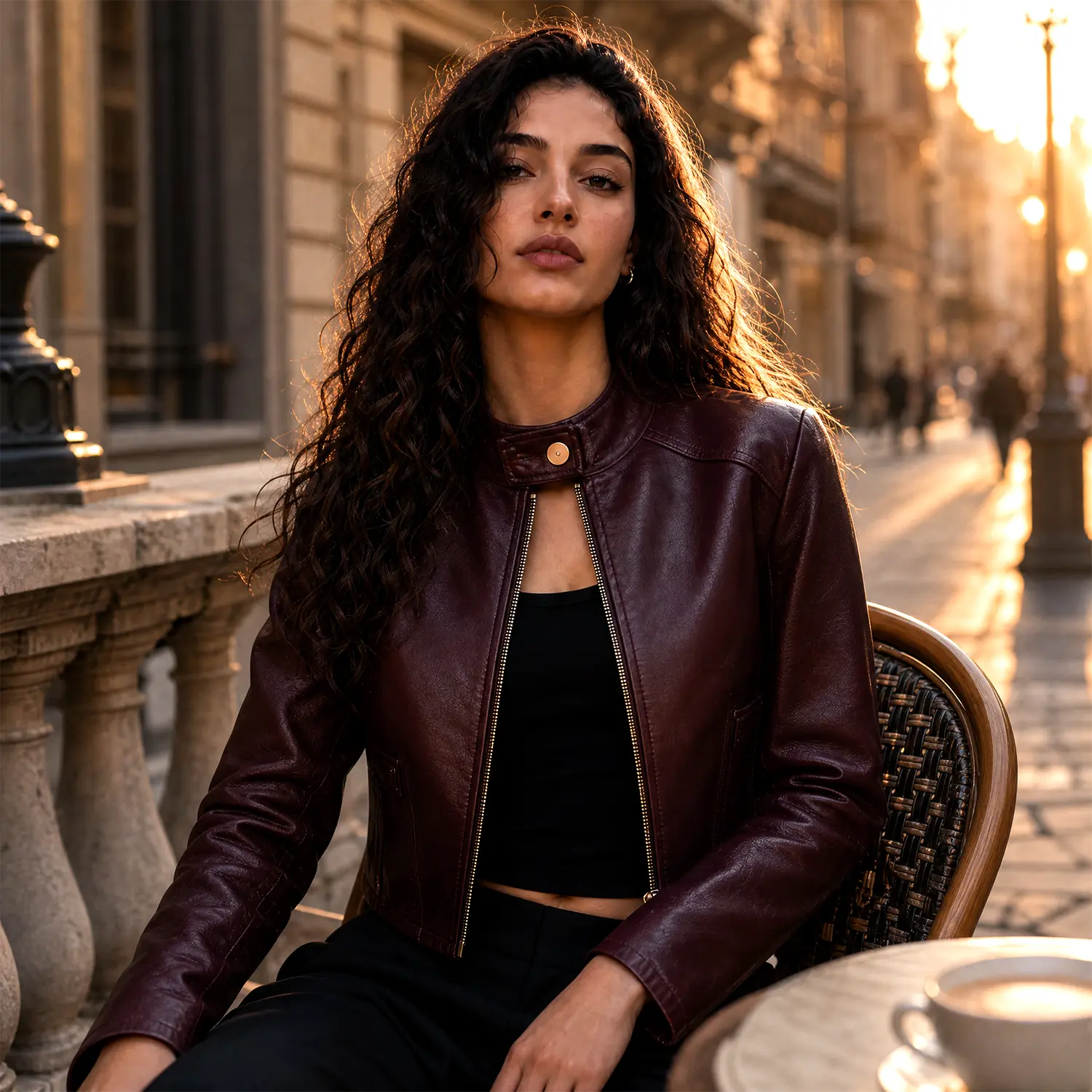 Women’s Wine Red Cropped Genuine Leather Jacket | Snap Collar Moto Style