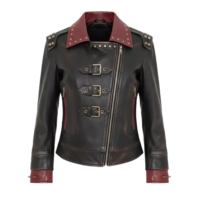Damen Battle-Red Vintage Bikerjacke – Zweifarbige Leder-Motorradjacke