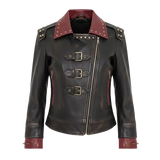 Women’s Battle-Red Vintage Biker Jacket | Dual Tone Leather Moto