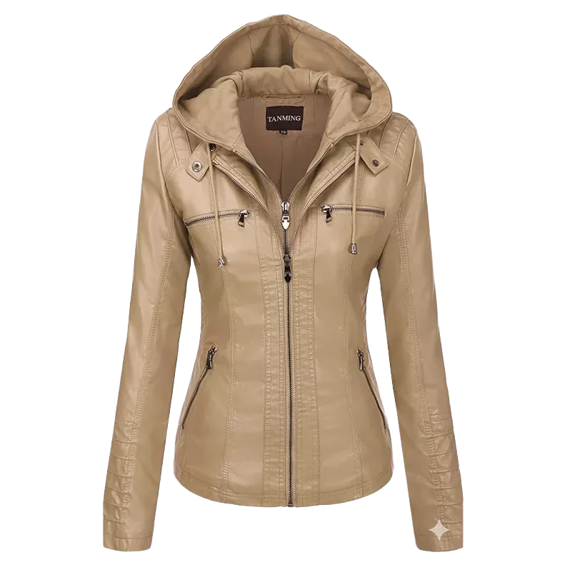 Women’s Beige Hooded Faux Leather Moto Jacket | Zip-Up Biker Style