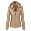 Women’s Beige Hooded Faux Leather Moto Jacket – Zip-Up Biker Style