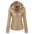 Women’s Beige Hooded Faux Leather Moto Jacket – Zip-Up Biker Style