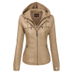 Women’s Beige Hooded Faux Leather Moto Jacket – Zip-Up Biker Style