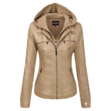 Women’s Beige Hooded Faux Leather Moto Jacket | Zip-Up Biker Style