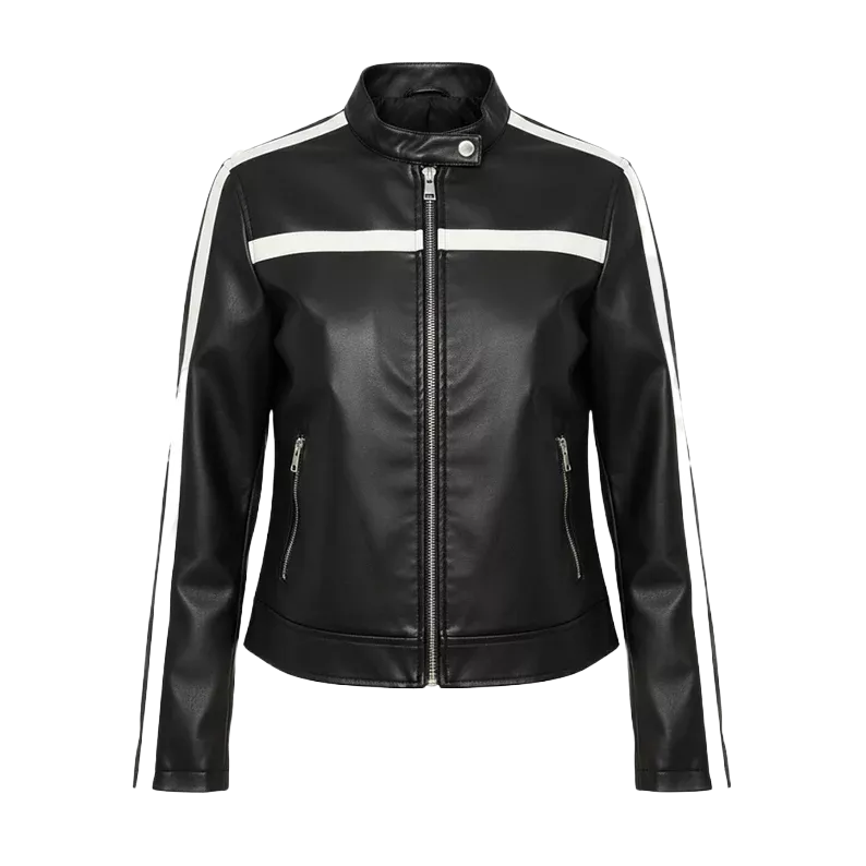 Damen Kunstleder-Motorradjacke mit Farbblockdesign in Schwarz und Weiß