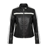 Damen Kunstleder-Motorradjacke mit Farbblockdesign in Schwarz und Weiß